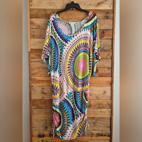 Lascana Venus Convertible Mini Dress XL Cover Up Drawstring Ruching Boho Tribal - Picture 3 of 15